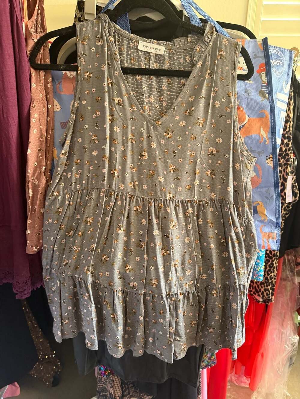 First Love by Lovelyn Sleeveless Tiered Babydoll Top in Grey Floral